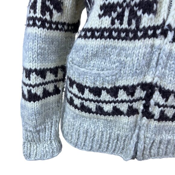 Tuak Unisex Grey & Black Wool Nordic Knit Cardigan Sweater Shawl Collar - Picture 5 of 8